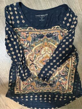 Lucky Brand Navy Bohemian Medallion Long Sleeve Top -Medium